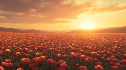 Fototapeta premium Vibrant sunset over a field of red poppies, creating a serene and peaceful landscape filled with natural beauty.
