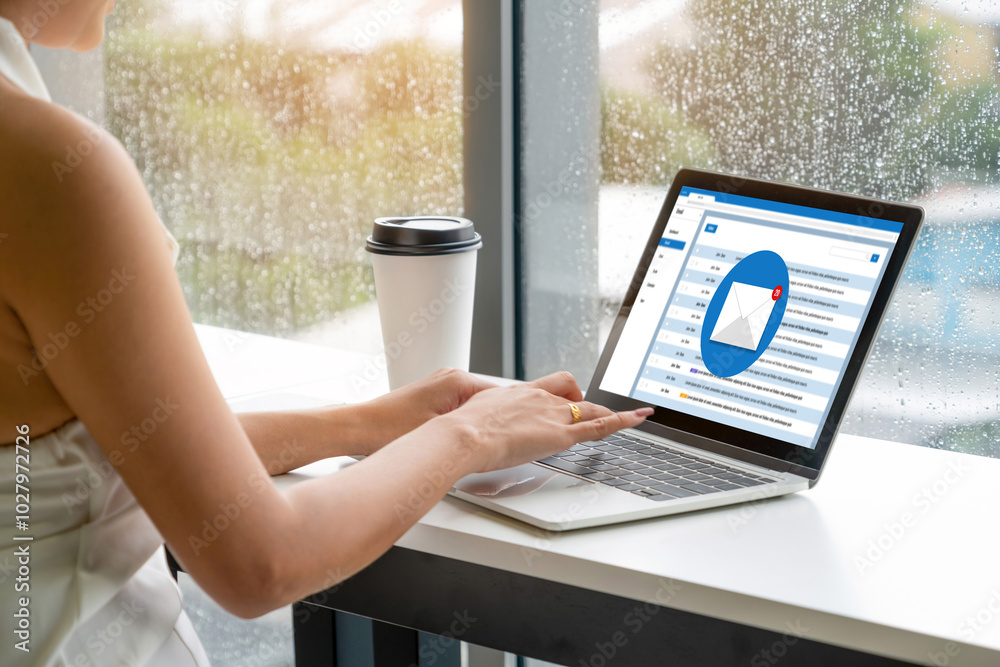 Poster email notification message showing on computer screen snugly. digital marketing message information 