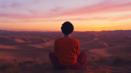 Obraz premium A peaceful moment at sunset, a person sits alone in the sand dunes, capturing the beauty of nature and tranquility.