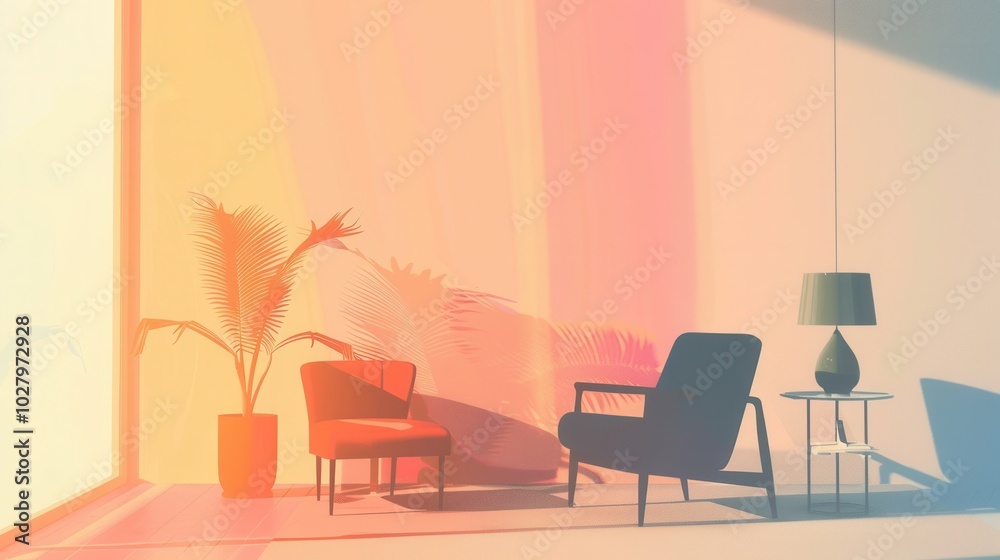 Poster silhouettes of an armchair, table, and lamp create a cozy atmosphere against a soft gradient backdro
