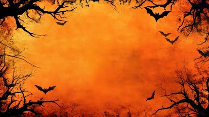 Halloween background with orange sky, bare trees, and bats.