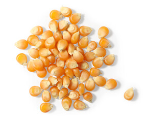 Pile of fresh corn kernels isolated on white, top view