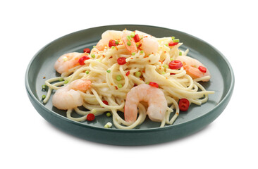 Delicious pasta with shrimps, green onion and chili pepper isolated on white