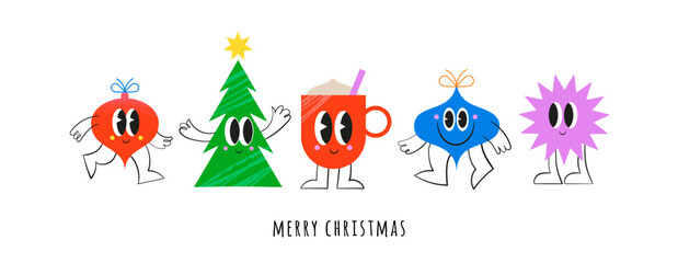 Merry Christmas, banner, poster. Funny cartoons, emojis, stickers, illustrations. Retro modern style Christmas ornaments, Santa, Xmas tree with cute characters, faces, eyes and smiles.