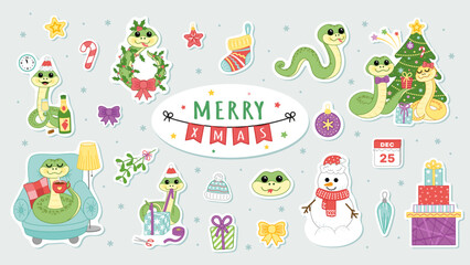Set of Christmas stickers with snake. Merry Xmas stickers. Sticker pack. Cartoon, vector