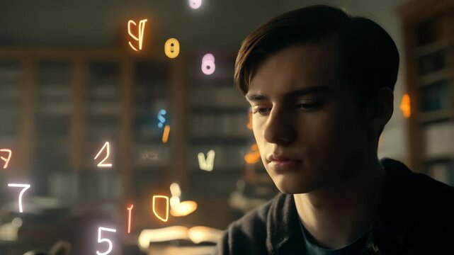Man thinking with imaginary colorful number around the head