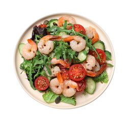 Delicious shrimp salad with vegetables isolated on white, top view