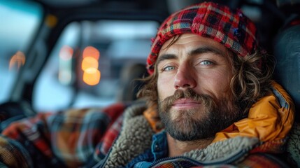 A truck driver resting in the sleeper cab of their truck, showing the cozy and practical sleeping area behind the driver's seat