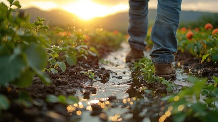 Fototapeta premium A farmer using biodynamic agroecosystem design with natural swales and contour planting to capture and utilize rainwater effectively, swale design scene, sustainable rainwater harvesting