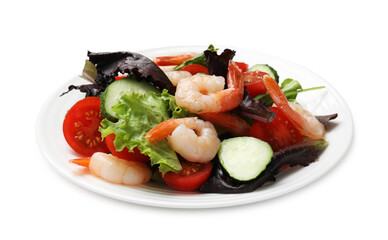Delicious shrimp salad with vegetables isolated on white