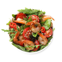 Delicious shrimp salad with vegetables in bowl isolated on white, top view