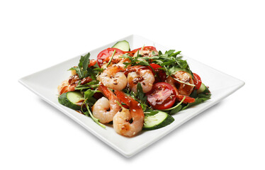 Delicious shrimp salad with vegetables isolated on white