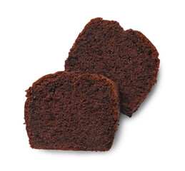 Slices of delicious chocolate sponge cake isolated on white, top view