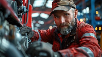 Obraz premium A truck driver checking the engine of their truck, performing routine maintenance to ensure the vehicle is in good working condition