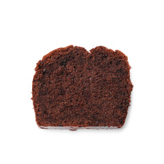 Piece of delicious chocolate sponge cake isolated on white, top view