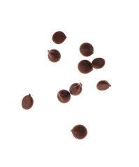Many sweet chocolate chips isolated on white