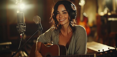 A beautiful dark-haired woman happily playing acoustic guitar in a recording studio with headphones and microphone.