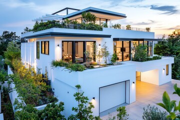 Fototapeta premium Luxurious modern home with a rooftop terrace, white walls, a large garage, and a lush garden, captured at dusk in a aspect ratio