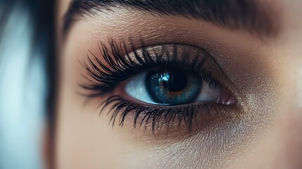 Obraz premium Close-up of a woman's blue eye with long eyelashes.