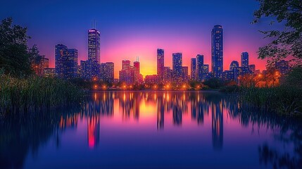 Fototapeta premium A city skyline viewed across a water body, featuring towering buildings in the distance and trees in close proximity