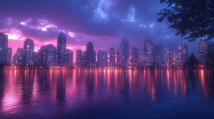 Fototapeta premium A stunning view of a cityscape at night, mirrored in a tranquil body of water as towering skyscrapers illuminate the sky