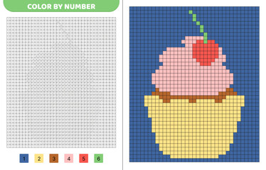 Color by number. Cherry cupcake. Pixel coloring book. Numbered squares. Game for kids.
