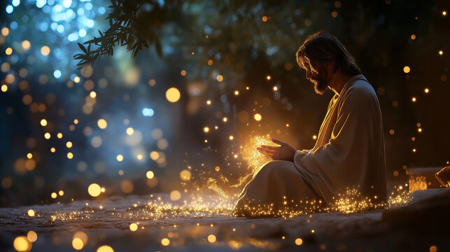 Yeshua prays in the Garden of Gethsemane, with glowing signs of divine strength around him &ndash; A powerful scene of love and responsibility, showing dedication to his mission despite