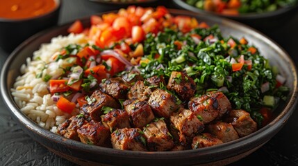 A vibrant and colorful plate of halal street food, such as shawarma or falafel, served with sauces and salads