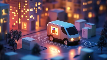 A delivery van drives through a miniature city at night, with glowing windows and buildings.