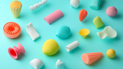 Obraz premium Collection of textured 3D shapes on a light blue surface