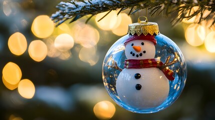 Happy snowman in the Christmas bauble over the winter