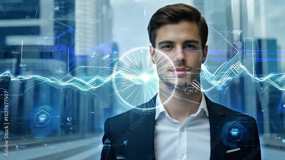 Poster animation of a grid pattern and data processing over a businessman. technology, business and digital