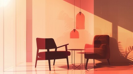Various silhouettes of furniture pieces are displayed against a soft gradient backdrop, creating a cozy and modern atmosphere. Generative AI