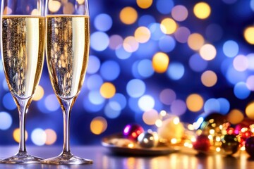 Two champagne glasses with bokeh lights and festive ornaments