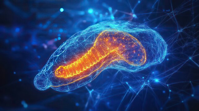 A 3D digital rendering of a glowing pancreas with a network of connections.
