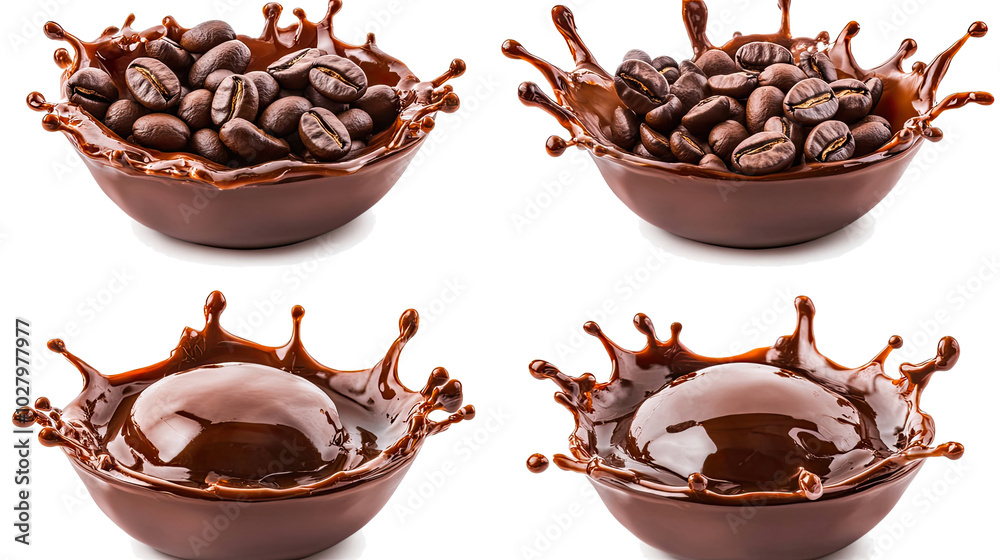 Poster coffee bean splashes creating dynamic patterns with rich chocolate generative ai