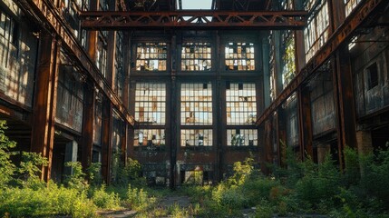 Fototapeta premium Abandoned Factory Warehouse with Overgrown Vegetation and Sunlight Streaming Through Broken Windows