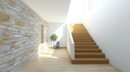 Obraz premium Modern and elegant entrance hall with a wooden staircase, bright white walls, and a left side stone wall, in ultra high-definition