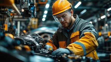 Skilled Worker in Protective Gear Assembling Machinery in a Modern Industrial Factory Setting
