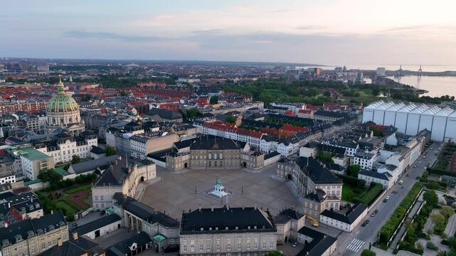 4K Aerial video of Copenhagen in Denmark at sunrise. Amalienborg