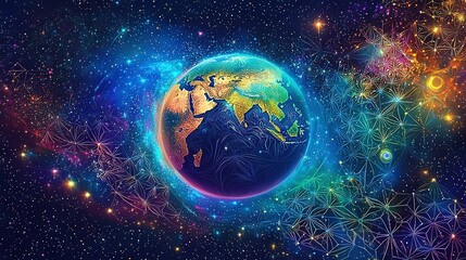 Obraz premium A vivid depiction of Earth encircled by celestial bodies, with a constellation at its core, illuminated under the cover of darkness