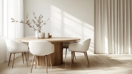 Fototapeta premium Minimalist Dining Room with Wooden Table and White Chairs in Sunlit Modern Interior