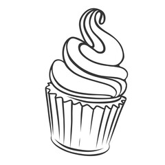 Ice cream in cup icon, doodle cupcake with whipped creamy swirl. Funny retro sketch of cake with soft twist dairy product. Sweet snack, dessert mascot, hand drawn ice cream icon vector illustration