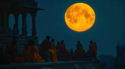 Naklejka premium A large, bright, orange moon hangs above a group of people silhouetted against the night sky, gathered on a rooftop overlooking a city.