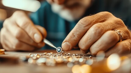 The craftsman demonstrates meticulous attention to detail while placing gemstones carefully with precision tools, highlighting the art of jewelry-making in a workshop.