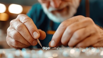 The jeweler places gemstones on a piece with utmost precision, using careful attention to detail to craft exquisite jewelry in a dedicated, focused workshop setting.