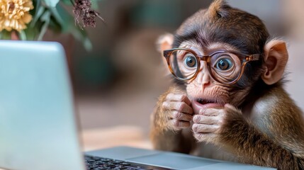 A hilarious scene with a cute monkey wearing glasses, visually startled by what it sees on a computer screen, evoking emotions of surprise and curiosity.