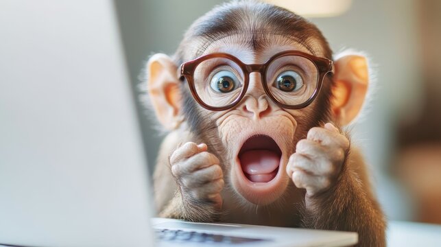 A curious monkey is wearing large glasses and looking shocked at a screen, showcasing a mix of cuteness and surprise. Ideal for humor or tech-related themes.