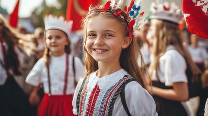 A young girl smiles and looks at the camera while wearing a traditional folk costume and standing in a group of children.