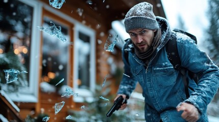 A person dressed for winter navigates through a suspenseful scene with glass shattered in the foreground, conveying tension and unexpected action or urgency.